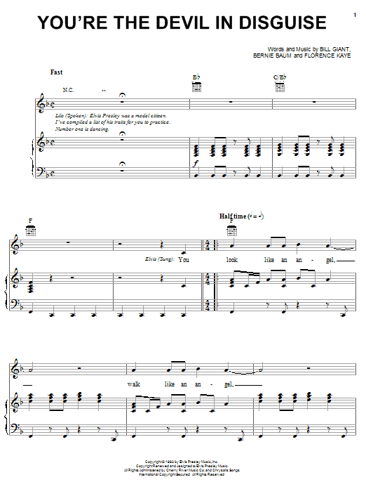 Preview Elvis Presley (You're The) Devil In Disguise Pop sheet music, notes and chords for Piano, Vocal & Guitar, SKU: 21826 Download Elvis Presley (You're The) Devil In Disguise sheet music and printable PDF score & Pop music notes