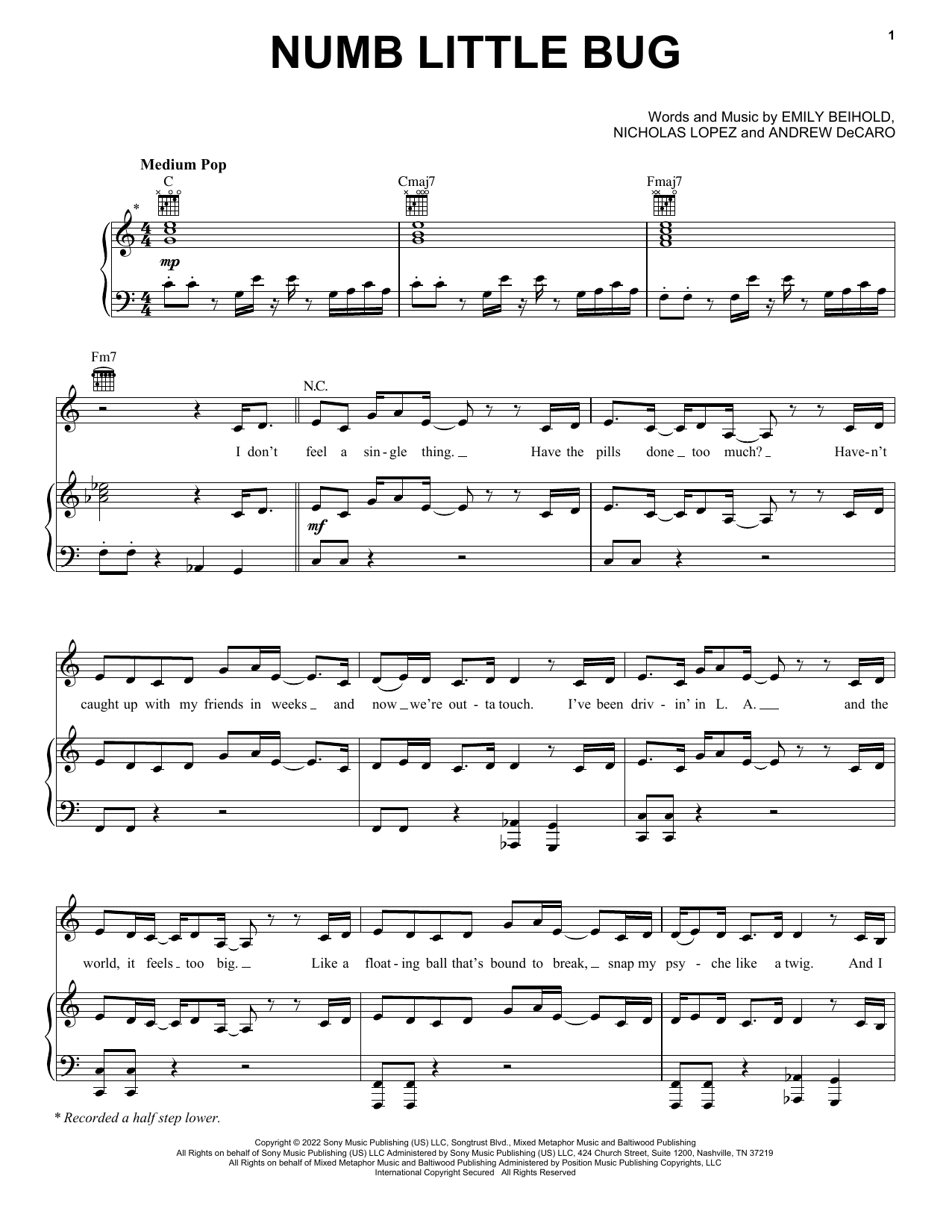 Em Beihold Numb Little Bug Sheet Music for Pop Piano, Vocal & Guitar Chords (Right-Hand Melody) including 5 page(s)