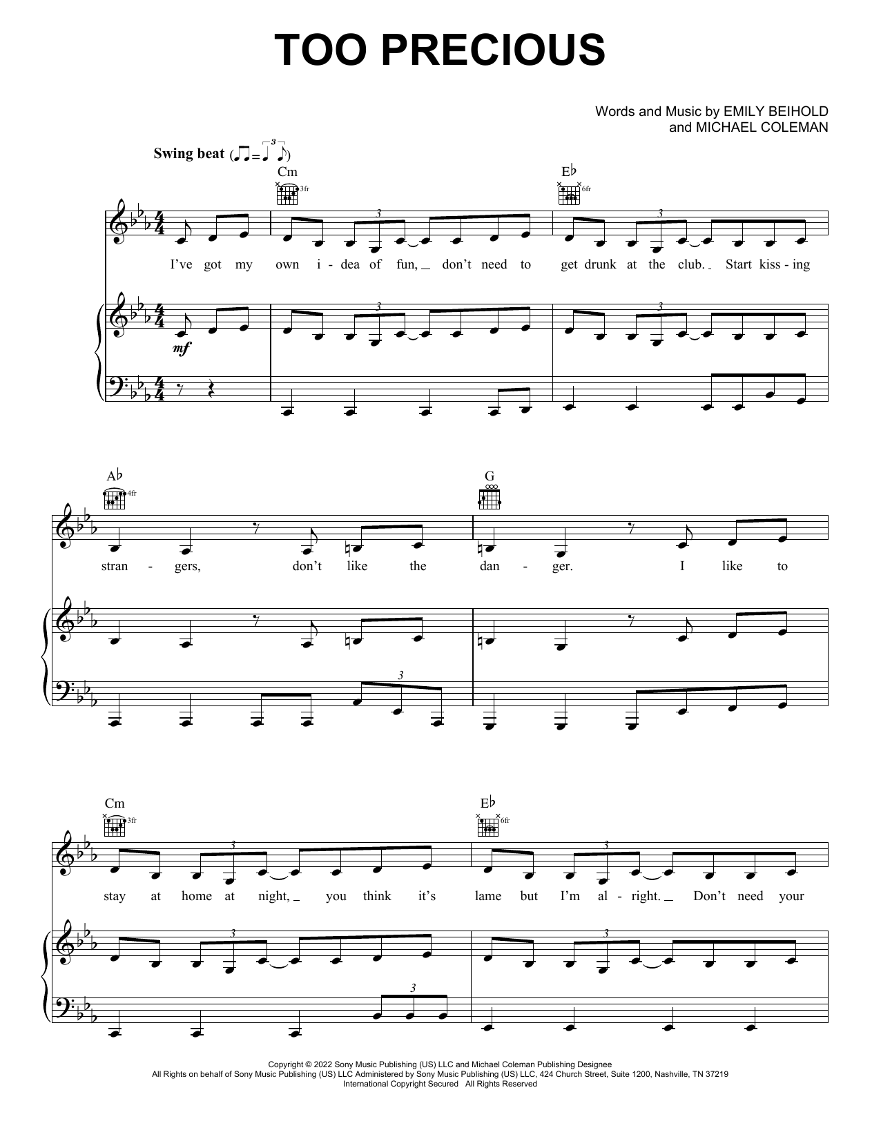 Em Beihold Too Precious Sheet Music for Pop Piano, Vocal & Guitar Chords (Right-Hand Melody) including 7 page(s)