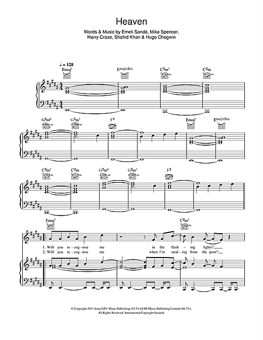 Preview Emeli Sandé Heaven Pop sheet music, notes and chords for Beginner Piano, SKU: 114329 sheet music, piano notes, chords, guitar tabs, score, transpose, transcribe, how to play, guide, download, learn, tutorial, progression, song, artist, awards, billboard, mtv, vh1, tour, single, album, release