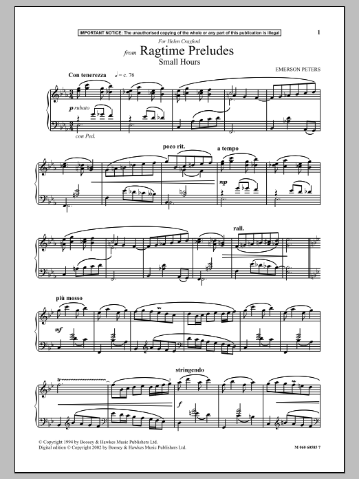 Preview Emerson Peters Small Hours (from Ragtime Preludes) Classical sheet music, notes and chords for Piano, SKU: 90404 Download Emerson Peters Small Hours (from Ragtime Preludes) sheet music and printable PDF score & Classical music notes