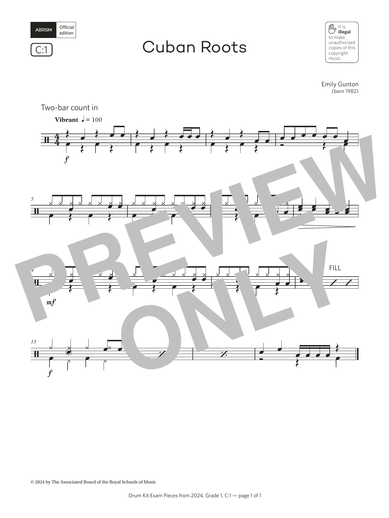Emily Gunton Cuban Roots (Grade 1, list C1, from the ABRSM Drum Kit Syllabus 2024) Sheet Music & Chords for Drums - Download or Print PDF