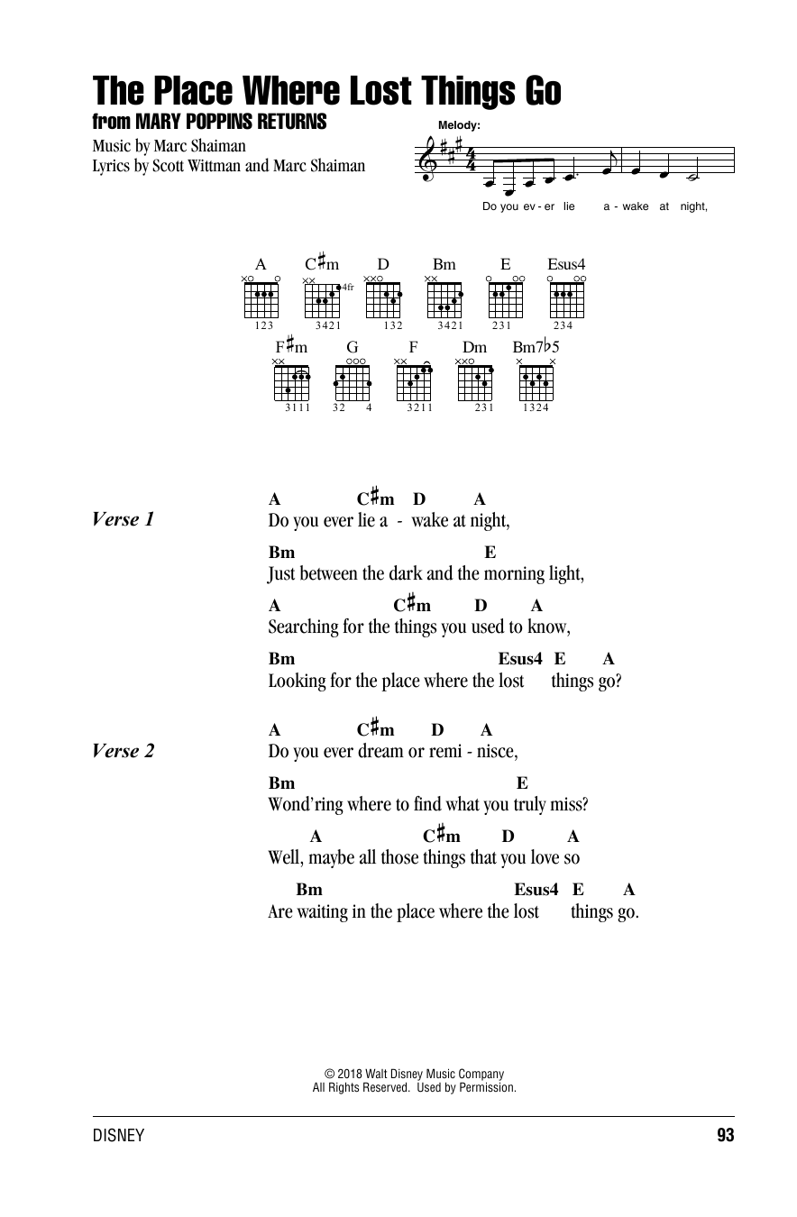 Preview Emily Blunt The Place Where Lost Things Go (from Mary Poppins Returns) Disney sheet music, notes and chords for Guitar Chords/Lyrics, SKU: 417408 sheet music, piano notes, chords, guitar tabs, score, transpose, transcribe, how to play, guide, download, learn, tutorial, progression, song, artist, awards, billboard, mtv, vh1, tour, single, album, release