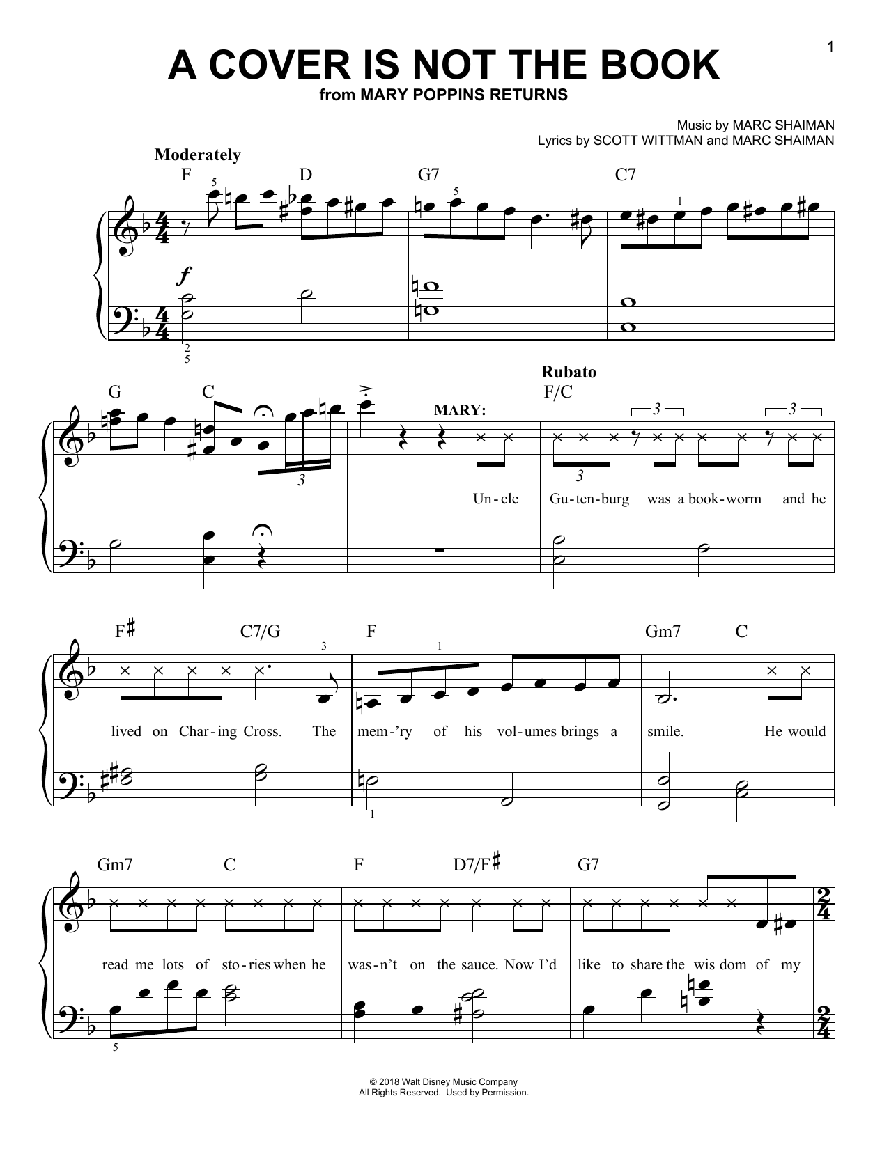 Preview Emily Blunt, Lin-Manuel Miranda & Company A Cover Is Not The Book (from Mary Poppins Returns) Disney sheet music, notes and chords for Guitar Chords/Lyrics, SKU: 417426 sheet music, piano notes, chords, guitar tabs, score, transpose, transcribe, how to play, guide, download, learn, tutorial, progression, song, artist, awards, billboard, mtv, vh1, tour, single, album, release