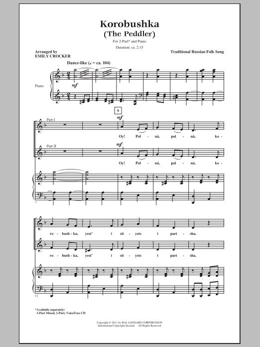 Preview Emily Crocker Korobushka Concert sheet music, notes and chords for 2-Part Choir, SKU: 82283 sheet music, piano notes, chords, guitar tabs, score, transpose, transcribe, how to play, guide, download, learn, tutorial, progression, song, artist, awards, billboard, mtv, vh1, tour, single, album, release