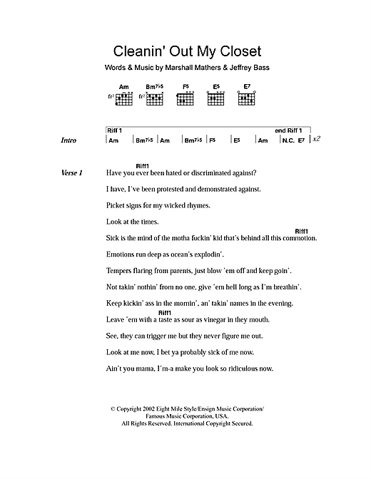 Preview Eminem Cleanin' Out My Closet Rock sheet music, notes and chords for Lyrics & Chords, SKU: 101325 sheet music, piano notes, chords, guitar tabs, score, transpose, transcribe, how to play, guide, download, learn, tutorial, progression, song, artist, awards, billboard, mtv, vh1, tour, single, album, release