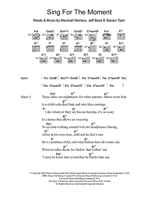 Download Eminem Sing For The Moment sheet music and printable PDF score & Pop music notes