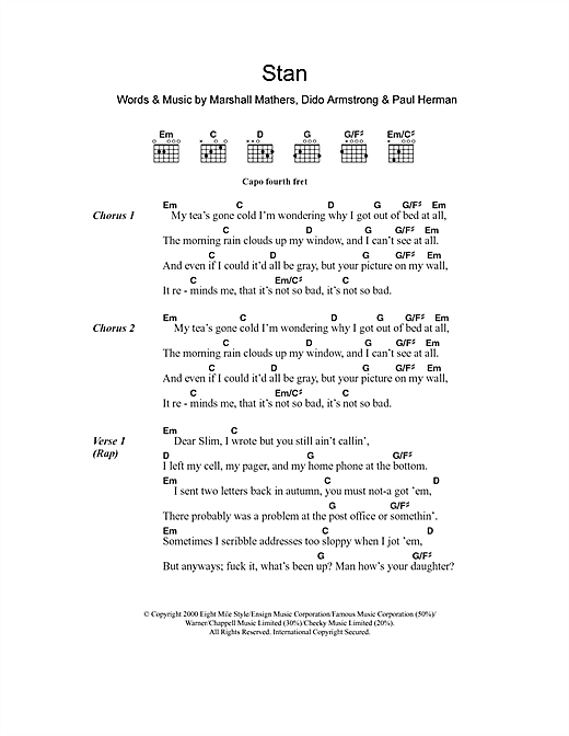 Preview Eminem Stan Pop sheet music, notes and chords for Lyrics & Chords, SKU: 107834 sheet music, piano notes, chords, guitar tabs, score, transpose, transcribe, how to play, guide, download, learn, tutorial, progression, song, artist, awards, billboard, mtv, vh1, tour, single, album, release