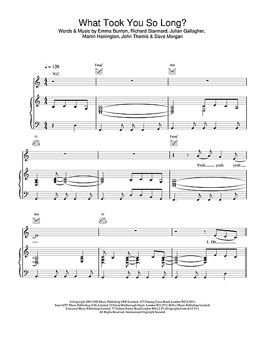 Preview Emma Bunton What Took You So Long? Pop sheet music, notes and chords for Piano, Vocal & Guitar (Right-Hand Melody), SKU: 18452 sheet music, piano notes, chords, guitar tabs, score, transpose, transcribe, how to play, guide, download, learn, tutorial, progression, song, artist, awards, billboard, mtv, vh1, tour, single, album, release
