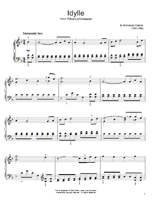 Preview Emmanuel Chabrier Idylle Classical sheet music, notes and chords for Easy Piano, SKU: 63141 sheet music, piano notes, chords, guitar tabs, score, transpose, transcribe, how to play, guide, download, learn, tutorial, progression, song, artist, awards, billboard, mtv, vh1, tour, single, album, release