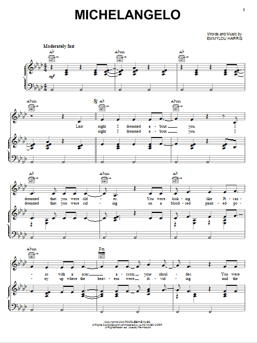 Preview Emmylou Harris Michelangelo Country sheet music, notes and chords for Lyrics & Chords, SKU: 106032 Download Emmylou Harris Michelangelo sheet music and printable PDF score & Country music notes