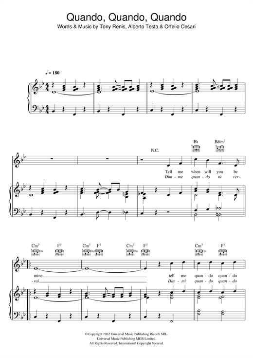 Preview Engelbert Humperdinck Quando, Quando, Quando Easy Listening sheet music, notes and chords for Piano, Vocal & Guitar (Right-Hand Melody), SKU: 121055 sheet music, piano notes, chords, guitar tabs, score, transpose, transcribe, how to play, guide, download, learn, tutorial, progression, song, artist, awards, billboard, mtv, vh1, tour, single, album, release