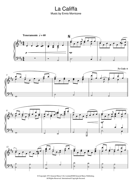 Preview Ennio Morricone La Califfa Film and TV sheet music, notes and chords for Piano, SKU: 159115 sheet music, piano notes, chords, guitar tabs, score, transpose, transcribe, how to play, guide, download, learn, tutorial, progression, song, artist, awards, billboard, mtv, vh1, tour, single, album, release