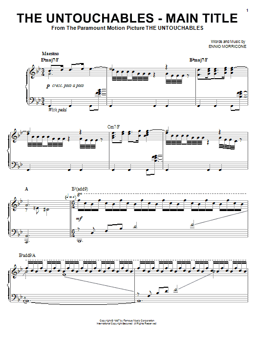 Preview Ennio Morricone The Untouchables - Main Title Film and TV sheet music, notes and chords for Piano, SKU: 18180 Download Ennio Morricone The Untouchables - Main Title sheet music and printable PDF score & Film and TV music notes