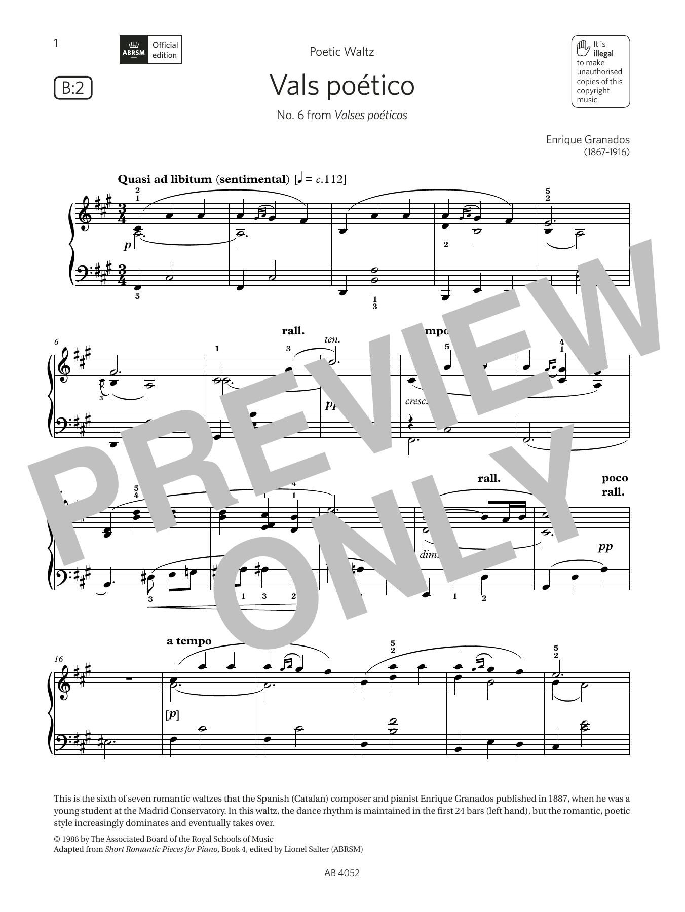 Enrique Granados Vals poético (Grade 6, list B2, from the ABRSM Piano Syllabus 2023 & 2024) Sheet Music & Chords for Piano Solo - Download or Print PDF