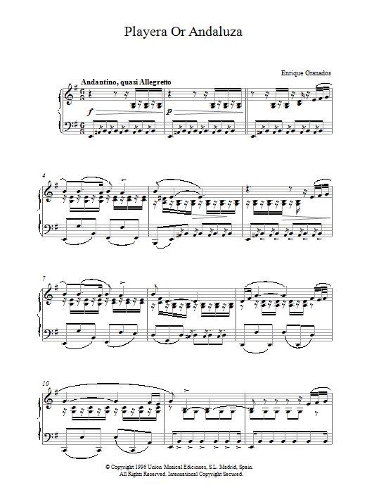 Preview Granados Playera Or Andaluza Post-1900 sheet music, notes and chords for Piano, SKU: 17947 Download Granados Playera Or Andaluza sheet music and printable PDF score & Post-1900 music notes