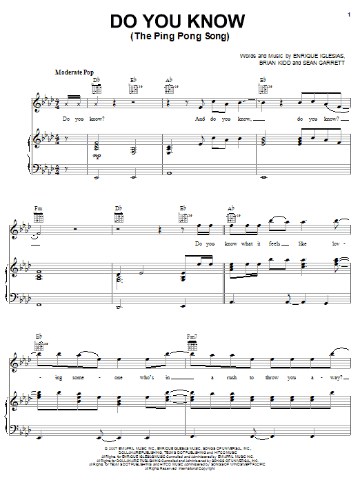Preview Enrique Iglesias Do You Know? (The Ping Pong Song) Pop sheet music, notes and chords for Piano, Vocal & Guitar (Right-Hand Melody), SKU: 59189 sheet music, piano notes, chords, guitar tabs, score, transpose, transcribe, how to play, guide, download, learn, tutorial, progression, song, artist, awards, billboard, mtv, vh1, tour, single, album, release