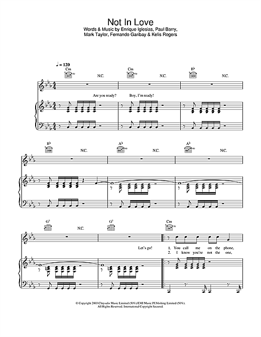 Preview Enrique Iglesias Not In Love Easy Listening sheet music, notes and chords for Piano, Vocal & Guitar, SKU: 28193 sheet music, piano notes, chords, guitar tabs, score, transpose, transcribe, how to play, guide, download, learn, tutorial, progression, song, artist, awards, billboard, mtv, vh1, tour, single, album, release
