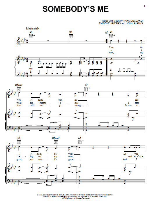 Preview Enrique Iglesias Somebody's Me Pop sheet music, notes and chords for Piano, Vocal & Guitar (Right-Hand Melody), SKU: 70019 Download Enrique Iglesias Somebody's Me sheet music and printable PDF score & Pop music notes