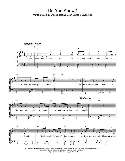 Download Enrique Inglesias Do You Know? sheet music and printable PDF score & Pop music notes