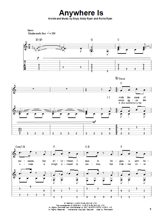 Preview Enya Anywhere Is Pop sheet music, notes and chords for Guitar Tab, SKU: 82627 Download Enya Anywhere Is sheet music and printable PDF score & Pop music notes