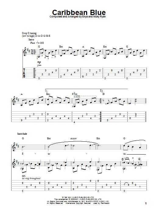 Preview Enya Caribbean Blue Pop sheet music, notes and chords for Guitar Tab, SKU: 82633 Download Enya Caribbean Blue sheet music and printable PDF score & Pop music notes