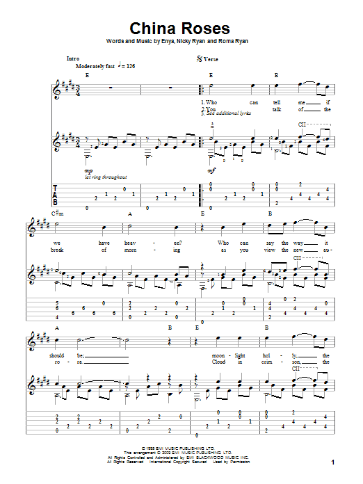 Preview Enya China Roses Pop sheet music, notes and chords for Guitar Tab, SKU: 82660 Download Enya China Roses sheet music and printable PDF score & Pop music notes