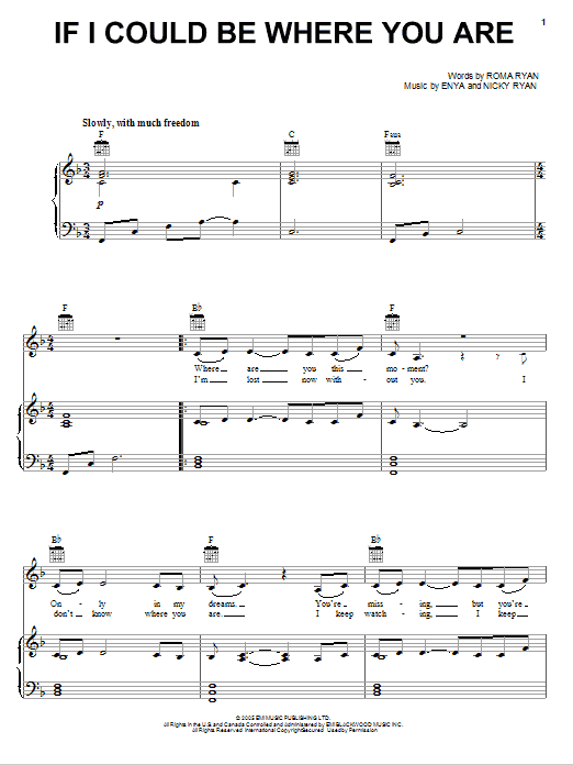 Preview Enya If I Could Be Where You Are Pop sheet music, notes and chords for Piano, Vocal & Guitar (Right-Hand Melody), SKU: 76365 Download Enya If I Could Be Where You Are sheet music and printable PDF score & Pop music notes