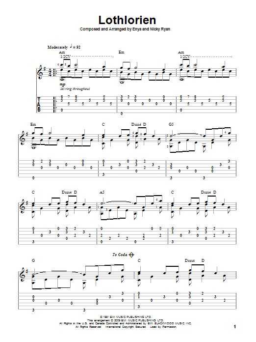 Preview Enya Lothlorien Pop sheet music, notes and chords for Guitar Tab, SKU: 82663 Download Enya Lothlorien sheet music and printable PDF score & Pop music notes