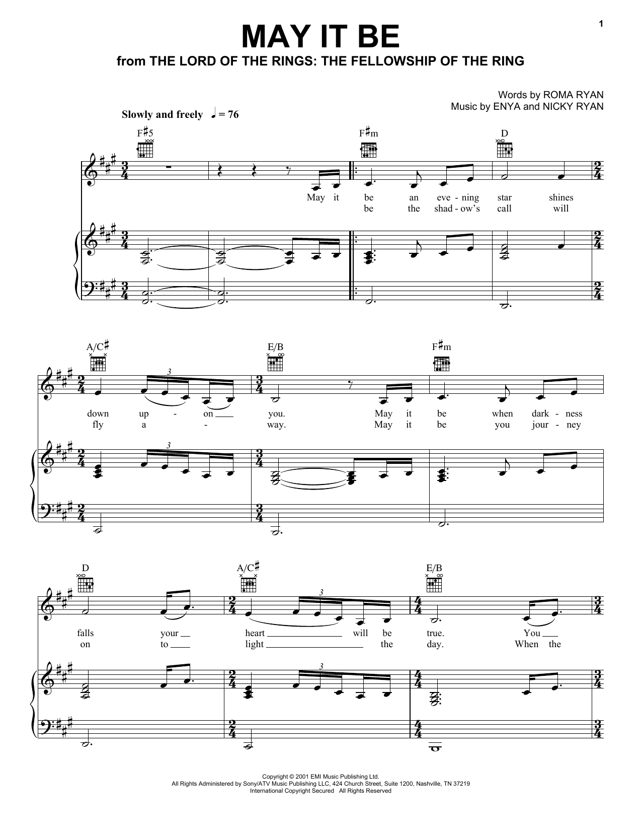 Download Enya May It Be sheet music and printable PDF score & World music notes