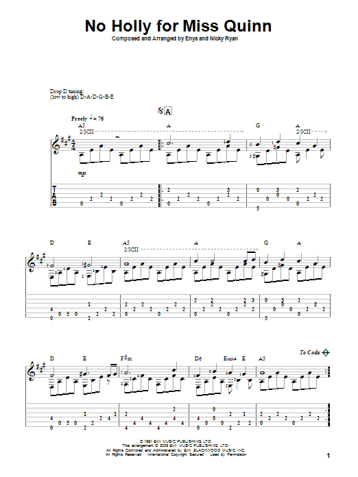 Preview Enya No Holly For Miss Quinn Pop sheet music, notes and chords for Guitar Tab, SKU: 82662 Download Enya No Holly For Miss Quinn sheet music and printable PDF score & Pop music notes