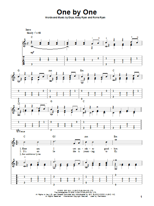Preview Enya One By One Pop sheet music, notes and chords for Guitar Tab, SKU: 82653 Download Enya One By One sheet music and printable PDF score & Pop music notes