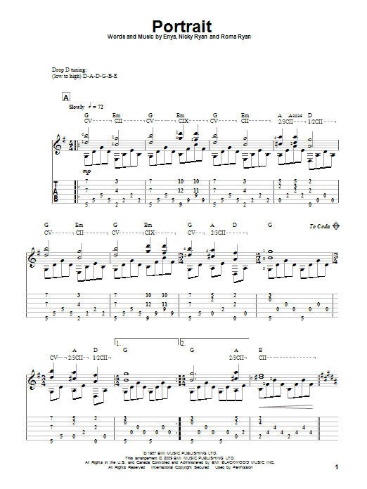 Preview Enya Portrait Pop sheet music, notes and chords for Guitar Tab, SKU: 82635 Download Enya Portrait sheet music and printable PDF score & Pop music notes