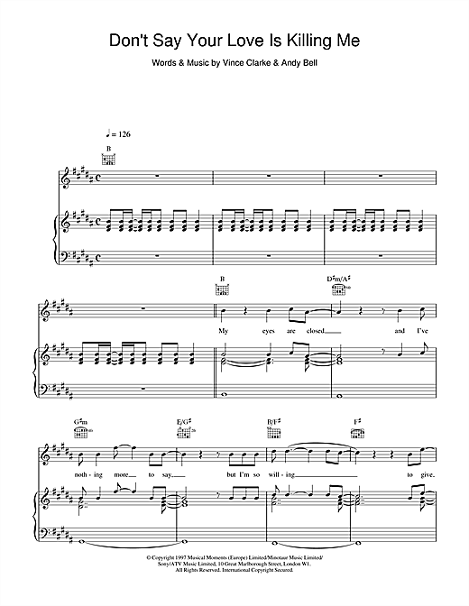 Preview Erasure Don't Say Your Love Is Killing Me Pop sheet music, notes and chords for Piano, Vocal & Guitar (Right-Hand Melody), SKU: 17636 sheet music, piano notes, chords, guitar tabs, score, transpose, transcribe, how to play, guide, download, learn, tutorial, progression, song, artist, awards, billboard, mtv, vh1, tour, single, album, release