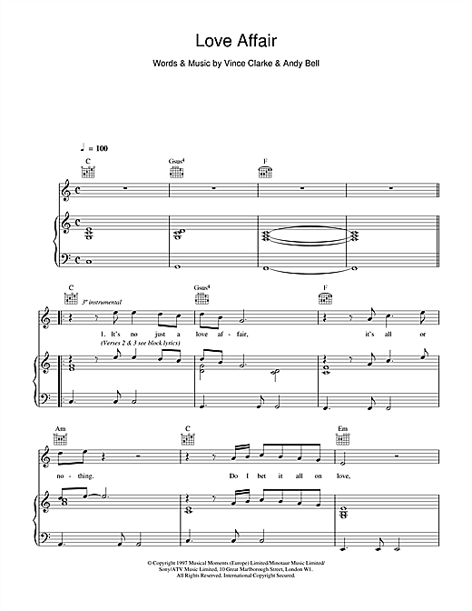 Preview Erasure Love Affair Pop sheet music, notes and chords for Piano, Vocal & Guitar (Right-Hand Melody), SKU: 17639 sheet music, piano notes, chords, guitar tabs, score, transpose, transcribe, how to play, guide, download, learn, tutorial, progression, song, artist, awards, billboard, mtv, vh1, tour, single, album, release