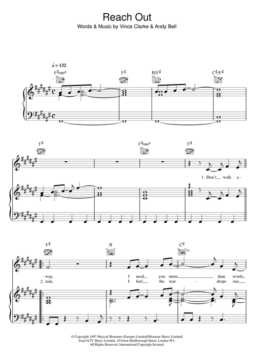 Preview Erasure Reach Out Pop sheet music, notes and chords for Piano, Vocal & Guitar (Right-Hand Melody), SKU: 17634 sheet music, piano notes, chords, guitar tabs, score, transpose, transcribe, how to play, guide, download, learn, tutorial, progression, song, artist, awards, billboard, mtv, vh1, tour, single, album, release