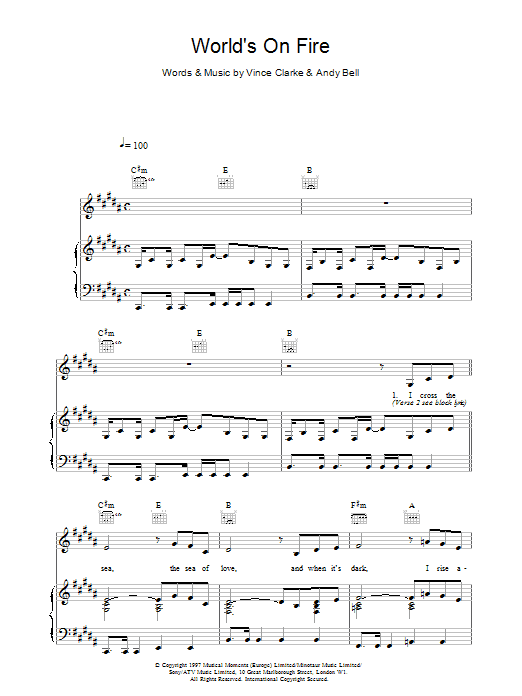 Preview Erasure World's On Fire Pop sheet music, notes and chords for Piano, Vocal & Guitar (Right-Hand Melody), SKU: 17643 Download Erasure World's On Fire sheet music and printable PDF score & Pop music notes