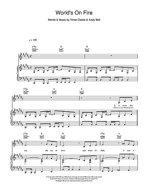 Preview Erasure World's On Fire Pop sheet music, notes and chords for Piano, Vocal & Guitar (Right-Hand Melody), SKU: 17643 sheet music, piano notes, chords, guitar tabs, score, transpose, transcribe, how to play, guide, download, learn, tutorial, progression, song, artist, awards, billboard, mtv, vh1, tour, single, album, release