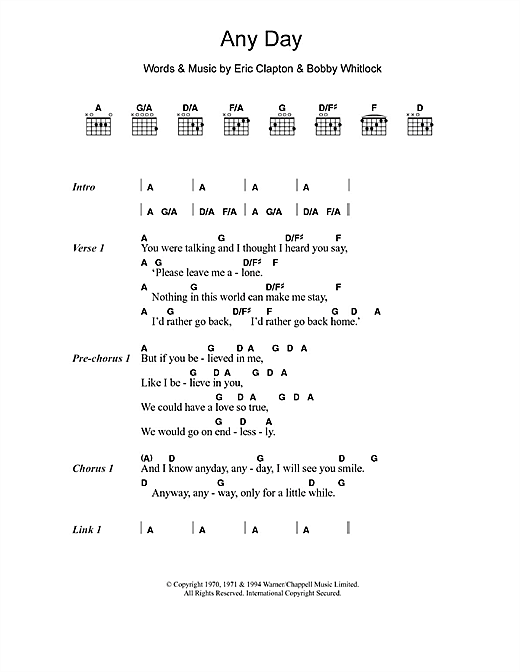Download Eric Clapton Any Day sheet music and printable PDF score & Rock music notes