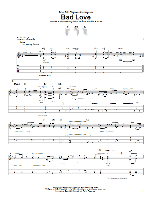 Download Eric Clapton Bad Love sheet music and printable PDF score & Rock music notes