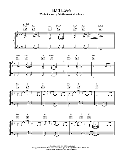 Preview Eric Clapton Bad Love Pop sheet music, notes and chords for Piano, Vocal & Guitar (Right-Hand Melody), SKU: 18475 sheet music, piano notes, chords, guitar tabs, score, transpose, transcribe, how to play, guide, download, learn, tutorial, progression, song, artist, awards, billboard, mtv, vh1, tour, single, album, release
