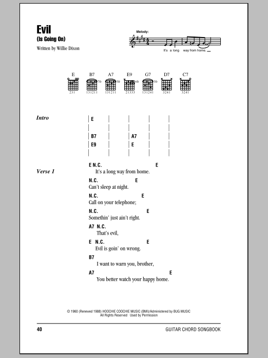 Download Eric Clapton Evil (Is Going On) sheet music and printable PDF score & Pop music notes