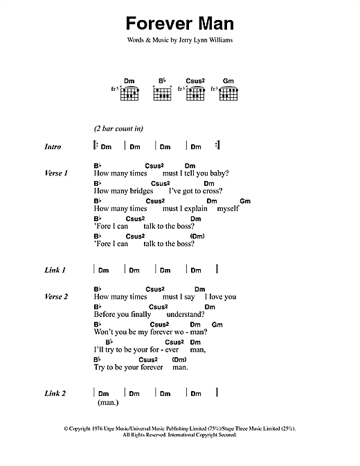 Preview Eric Clapton Forever Man Pop sheet music, notes and chords for Guitar Tab Play-Along, SKU: 51522 Download Eric Clapton Forever Man sheet music and printable PDF score & Pop music notes