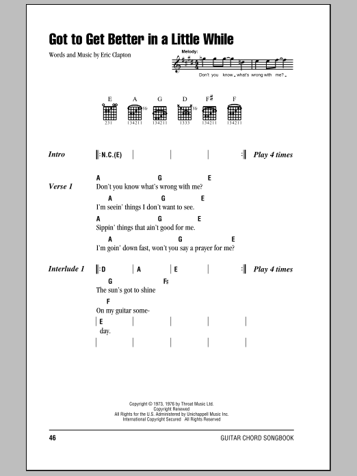 Download Eric Clapton Got To Get Better In A Little While sheet music and printable PDF score & Rock music notes