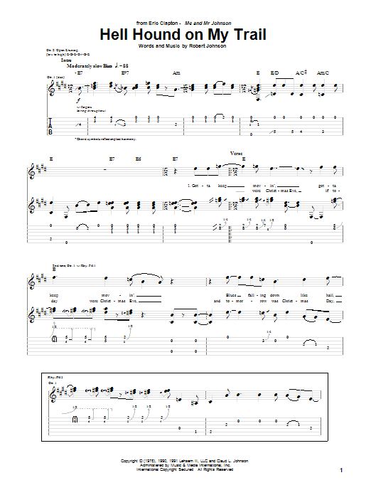 Download Eric Clapton Hell Hound On My Trail sheet music and printable PDF score & Blues music notes