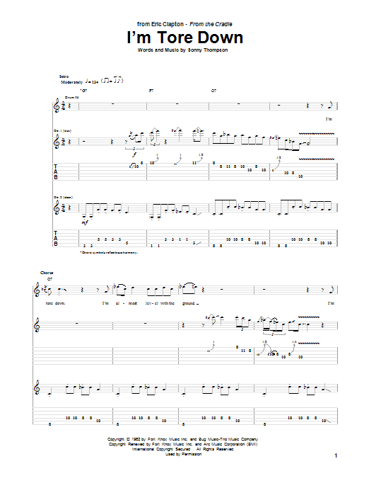 Download Eric Clapton I'm Tore Down sheet music and printable PDF score & Pop music notes
