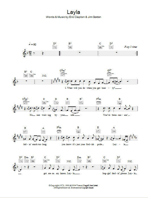 Download Eric Clapton Layla sheet music and printable PDF score & Pop music notes