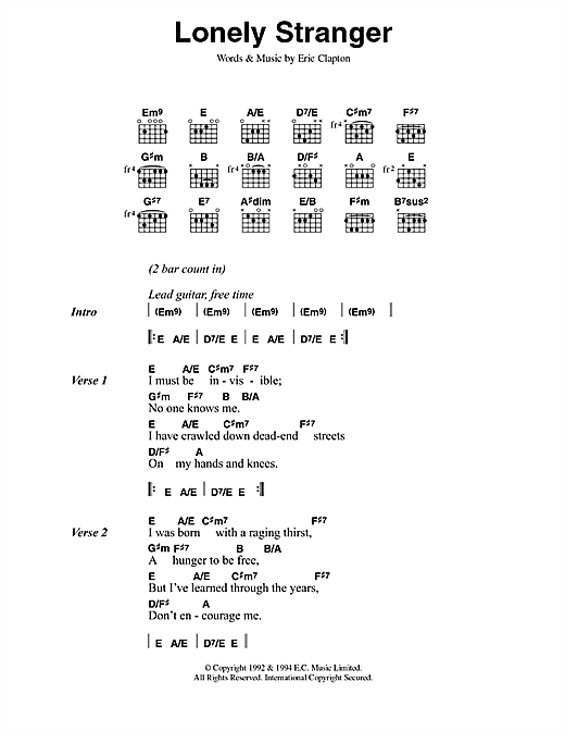Download Eric Clapton Lonely Stranger sheet music and printable PDF score & Rock music notes