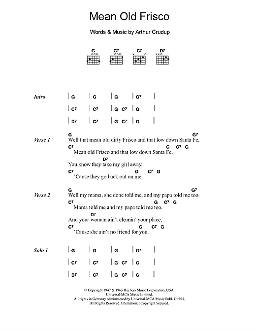 Preview Eric Clapton Mean Old Frisco Rock sheet music, notes and chords for Lyrics & Chords, SKU: 108566 sheet music, piano notes, chords, guitar tabs, score, transpose, transcribe, how to play, guide, download, learn, tutorial, progression, song, artist, awards, billboard, mtv, vh1, tour, single, album, release