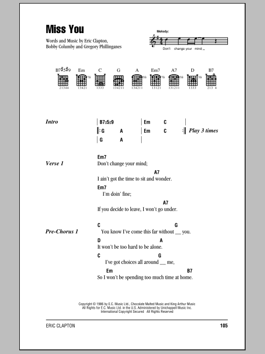 Preview Eric Clapton Miss You Rock sheet music, notes and chords for Lyrics & Chords, SKU: 79476 Download Eric Clapton Miss You sheet music and printable PDF score & Rock music notes